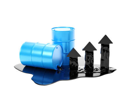 arrow pointing up on the oil  has spilled oil, indicating the high oil price. 3D Rendering.