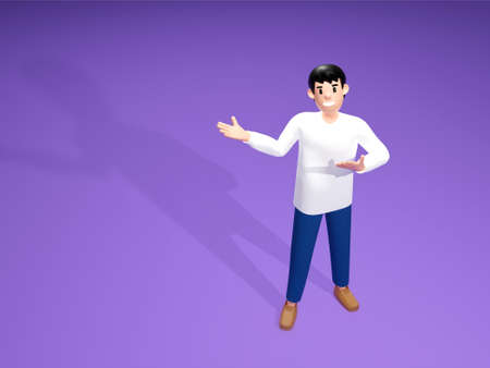 A man extends his hand to show a presentation with empty space.3D rendering