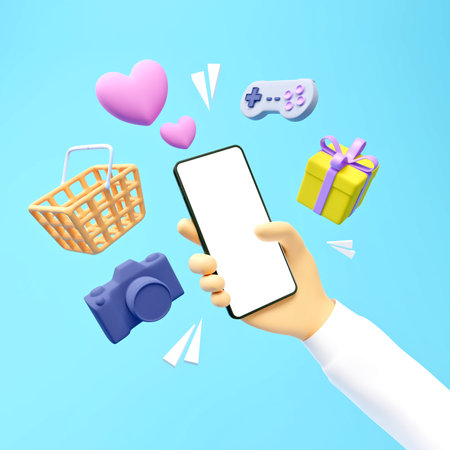 hand holding phone Surrounded by icons, cameras, gift boxes, joy games, hearts, baskets. 3D renderingの写真素材
