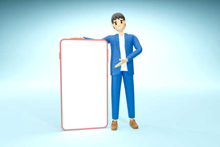 3D man precent a smartphone , 3D rendering.の写真素材