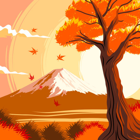 Mount Fuji in autumn is a breathtaking natural wonder that captivates people from around the world. During this season, the iconic volcano transforms into a mesmerizing landscape of vibrant colors and serene beauty.のイラスト素材