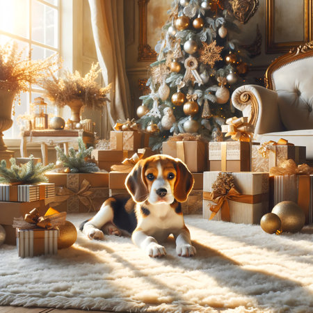 'Western Yuletide Charm: Beagle and Gifts in Sunlit Room,' ideal for holiday enthusiasts and dog lovers. The image exudes a festive spirit with a beagle amongst traditional decorations in a western-style room, illuminated by a cozy morning sun." ,ai generatedの素材