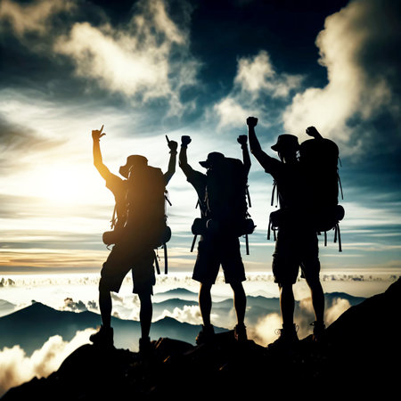 Silhouetted hikers raise their hands in victory at a mountain peak, set against a dramatic sky. Perfect for themes of achievement and adventure. AI Generated.の素材
