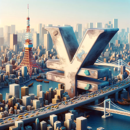 This image shows the depreciation of the Yen, with worn-looking Yen symbols set against a vibrant Tokyo cityscape, featuring landmarks like Tokyo Tower. It subtly represents Japan's financial challenges. Ideal for those interested in finance, art, and urban landscapes. AI Generated.の素材