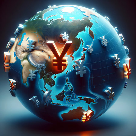 This image shows a 3D globe with Japan highlighted by Yen symbols, symbolizing its economic impact on a global scale. A detailed portrayal emphasizing Japan's geographic and economic position in the world. Ideal for discussions on global economy and geography. AI Generated.の素材