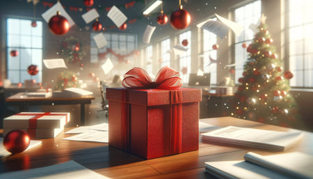 Festive red gift box on a wooden table, warmly lit by morning sunlight in a busy office decorated for Christmas, capturing the holiday spirit. AI Generated.の素材