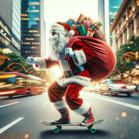 Santa Claus energetically skateboarding down a city street, his sack of gifts overflowing with festive joy. AI Generatedの素材