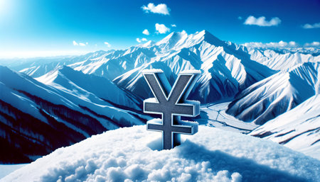 Yen symbol standing on a snowy mountain peak under a vivid blue sky. AI Generated.の素材