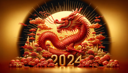 An intricately designed Chinese dragon in a 3D art landscape with a bright gold background and 2024 emblem, AI Generated.の素材