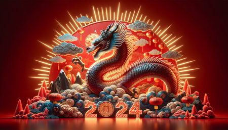 An intricately designed Chinese dragon in a 3D art landscape with a bright red background and 2024 emblem, AI Generated.の素材