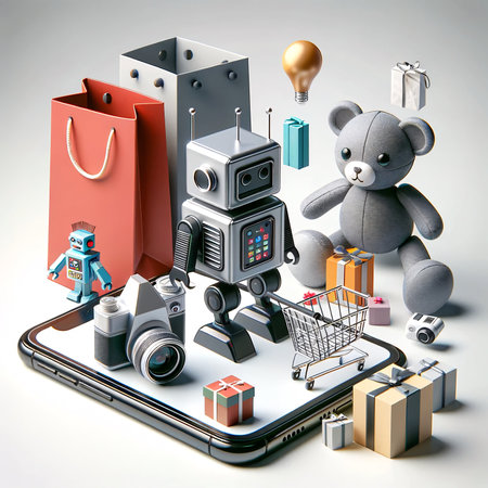 Modern online shopping concept with floating gift box, shopping bag, robot toy, and bear doll above a smartphone. AI Generated.の素材