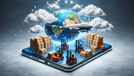 Plane with clouds floating over a smartphone displaying forklifts and product boxes, symbolizing global exports. AI Generated.の素材