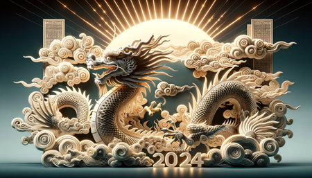 An intricately designed Chinese dragon in a 3D art landscape with a bright green background and 2024 emblem, AI Generated.の素材