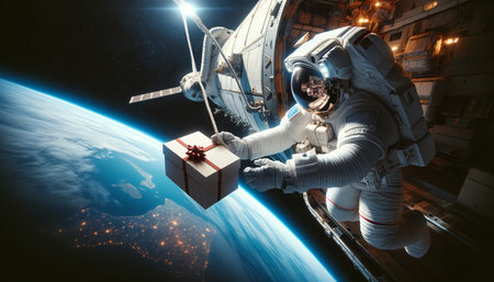Astronaut tethered to space shuttle, holding a gift box in zero gravity, Earth visible, symbolizing humanity's reach into space. AI Generated.の素材