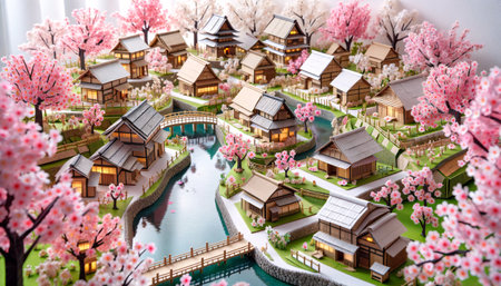 Exquisite origami models of Japanese villages adorned with sakura, capturing the serene charm and beauty of rural Japan in spring. AI Generatedの素材