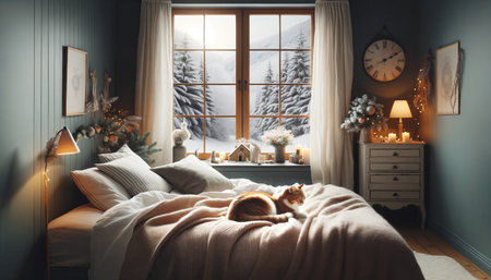 A serene bedroom with a winter landscape visible through a large window, featuring a cat curled up on the bed among subtle Christmas decorations, creating a cozy and festive ambiance. AI Generated.の素材