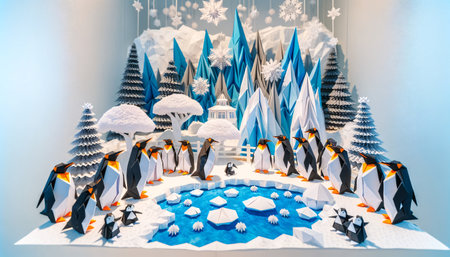 Delightful origami art scene featuring playful penguins in their icy habitat at Hokkaido Zoo, Japan, crafted with meticulous detail and creativity. AI Generated.の素材