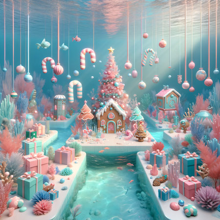 An enchanting 3D art scene of an underwater wonderland with festive gifts and Christmas candy, highlighted in pastel colors with a serene free space in the middle. AI Generated.の素材