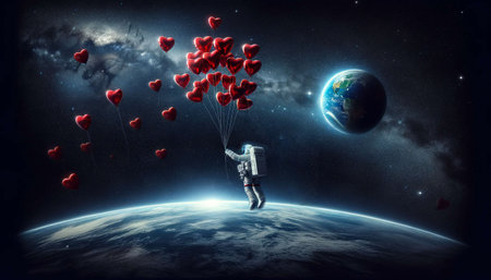 An astronaut on a spacewalk releases red heart-shaped balloons into space, with Earth in the background, symbolizing a blend of cosmic exploration and heartfelt emotions. AI Generated.の素材