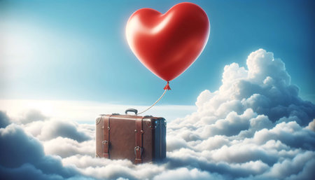 Red heart-shaped balloon tied to a suitcase, floating dreamily in the sky, symbolizing a whimsical travel adventure. AI Generated.の素材