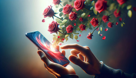 A hand interacts with a smartphone while magical red roses float above, blending human touch with surreal beauty. AI Generated.の素材