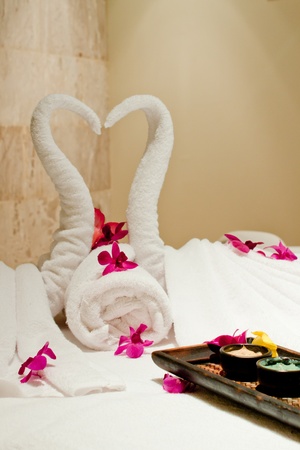 mud-mask, scrub creme,massage oil surrounded by petalsの写真素材