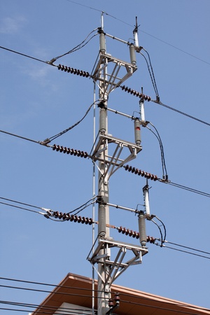 electrical post by the road with power line cables, transformers and phone linesのeditorial素材