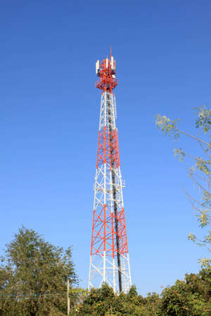 Telecommunication mast with blue sky backgroundの写真素材
