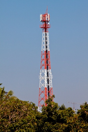 Telecommunication mast with blue sky backgroundの写真素材