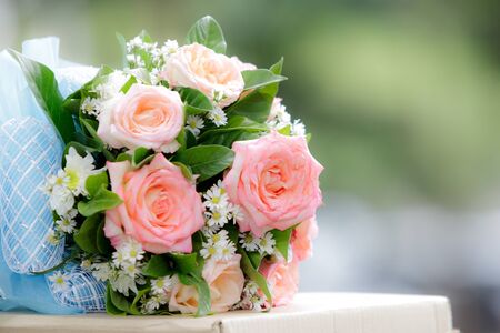 beautiful  bouquet of pink roses before weddingの写真素材