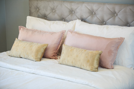 Modern bedroom interior design pillows on bedの写真素材