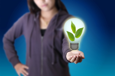 green leaves in Lamp on hand Femaleの写真素材