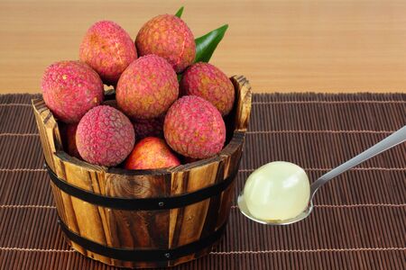 Fresh lychee and lychee shell casing の写真素材
