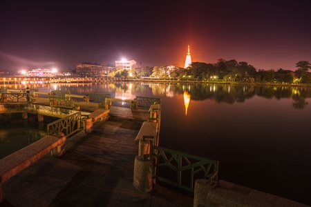 Lake landscape at night in Ubon Ratchathani, Thailand.の写真素材
