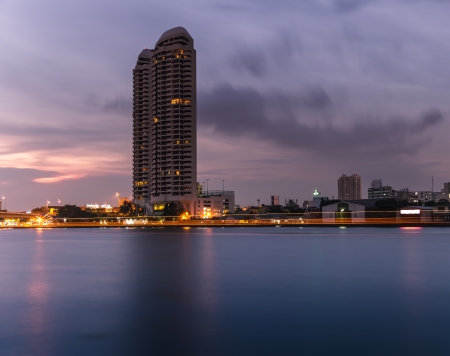 Overlooking Chao Phraya River in Bangkok, Thailand at night.の写真素材