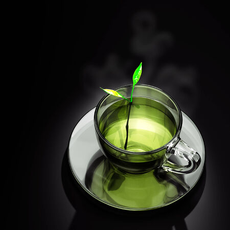 3d hot cup of green tea in the background.の写真素材
