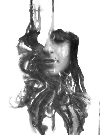 Paintography. Effect of dripping like ink masks her faceの写真素材