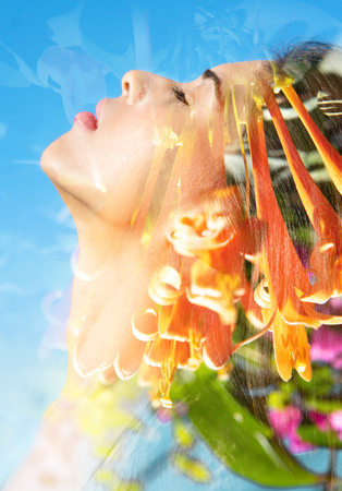 Bright aspects of nature are highlighted by her peaceful expressionの写真素材