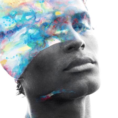 Paintography. Double exposure portrait photography blended with blue and yellow watercolor painting on white backgroundの写真素材