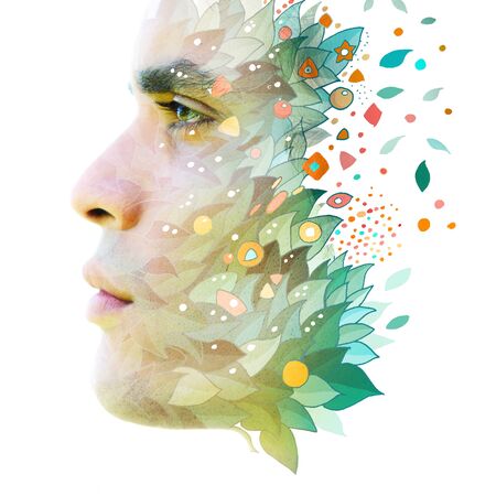 Paintography. Double exposure. Male model's hair and face dissolves into hand made artwork