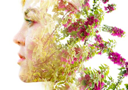 Double exposure with an ecological concept showcasing the beautiful femine nature of flowers