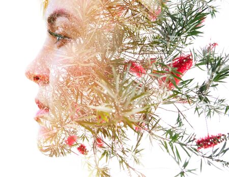 Double exposure with an ecological concept showcasing the beautiful femine nature of flowers