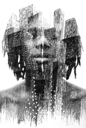 Paintography. Double exposure close up portrait of dark skinned man with traditional style face paint dissolving behind hand made geometrical drawingの写真素材