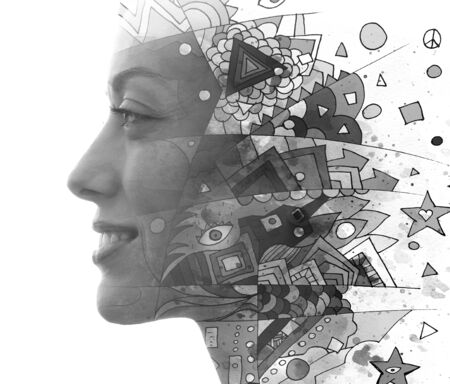 Paintography. Double exposure of woman's portrait dissolving into patterns and shapes, black and...