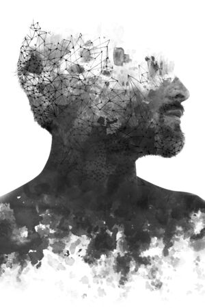 Paintography. Double exposure portrait of a man with strong features combined with handmade painting...