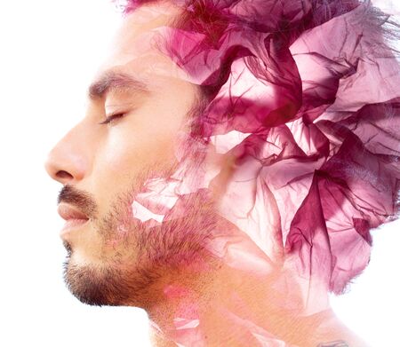 Double exposure portrait with an ecological concept combining a pink plastic bag with a person's...