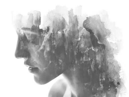 Paintography. Double exposure. Profile portrait photograph blends with hand made black ink painting...