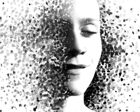 Paintography. Double exposure. Portrait photograph of peaceful girl with closed eyes blends with...