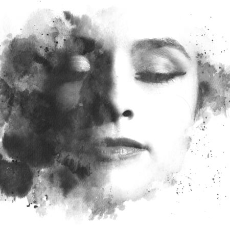 Paintography. Double exposure. Portrait photograph of peaceful girl with closed eyes blends with...