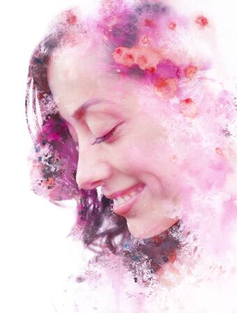 Paintography. Double Exposure portrait of a young beautiful woman combined with hand drawn ink...